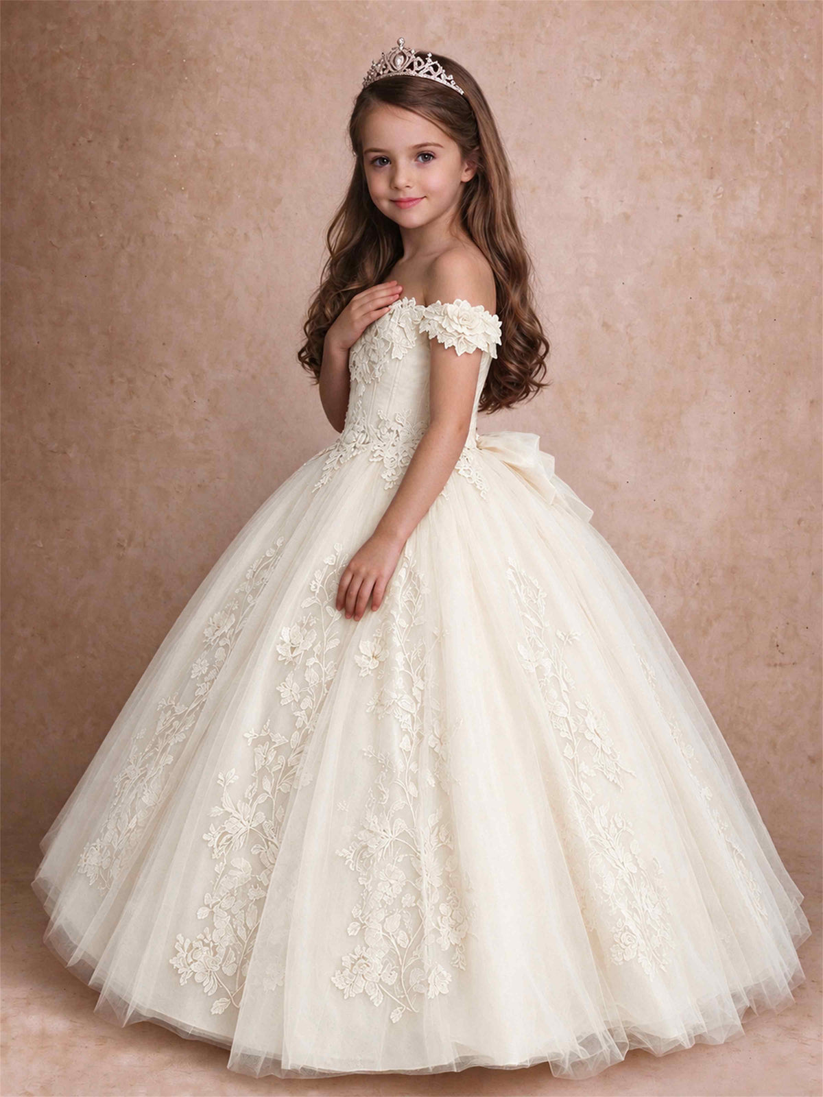 Off The Shoulder 3D Floral Lace Tulle Girls Pageant Dresses Princess Ball Gown