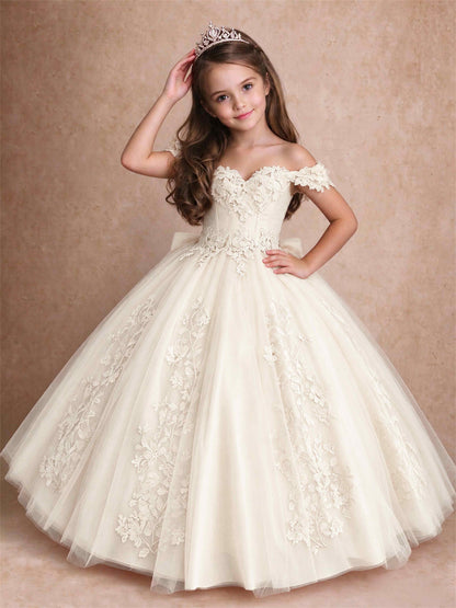 Off The Shoulder 3D Floral Lace Tulle Girls Pageant Dresses Princess Ball Gown