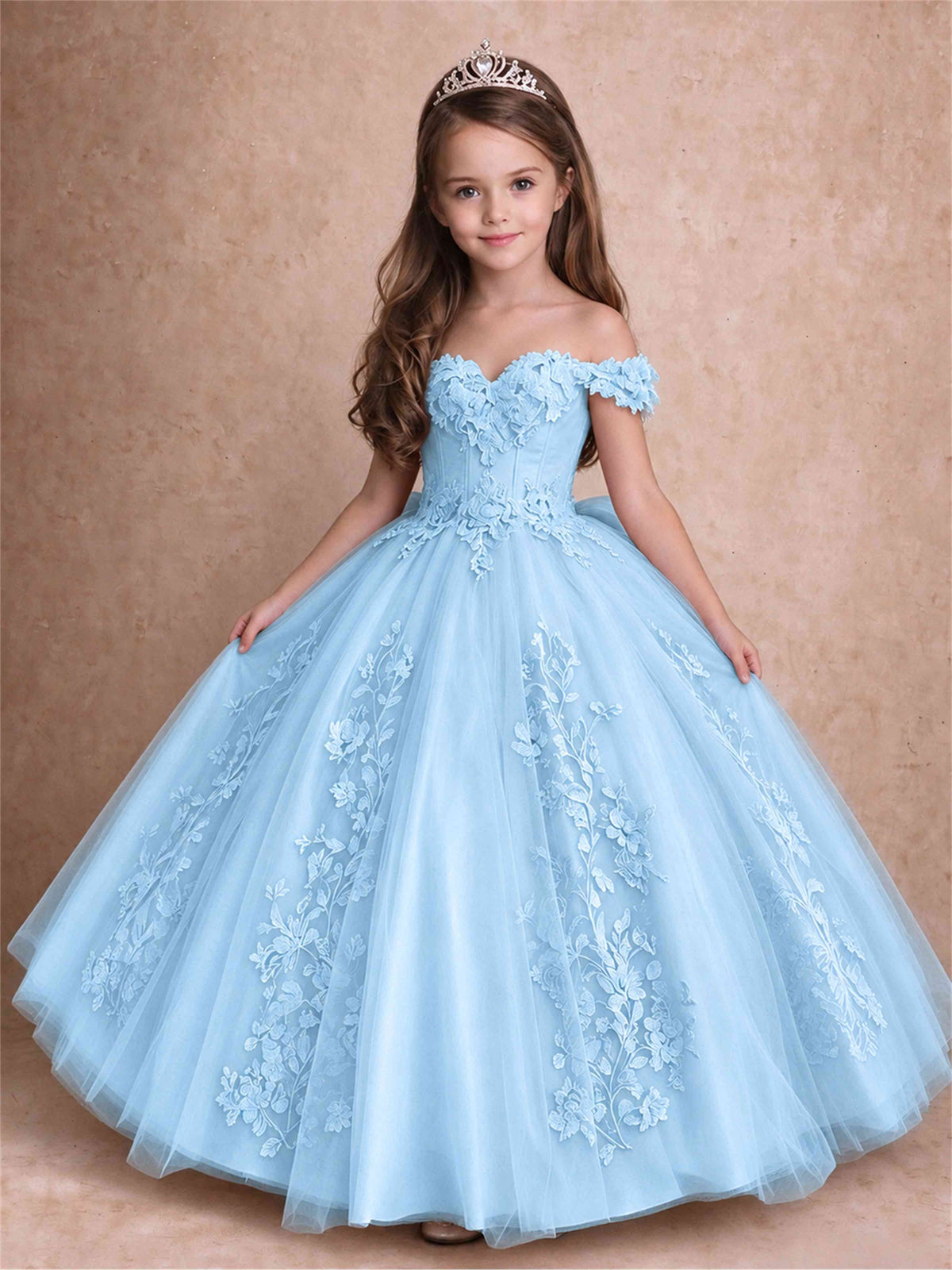 Off The Shoulder 3D Floral Lace Tulle Girls Pageant Dresses Princess Ball Gown