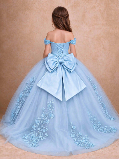 Off The Shoulder 3D Floral Lace Tulle Girls Pageant Dresses Princess Ball Gown