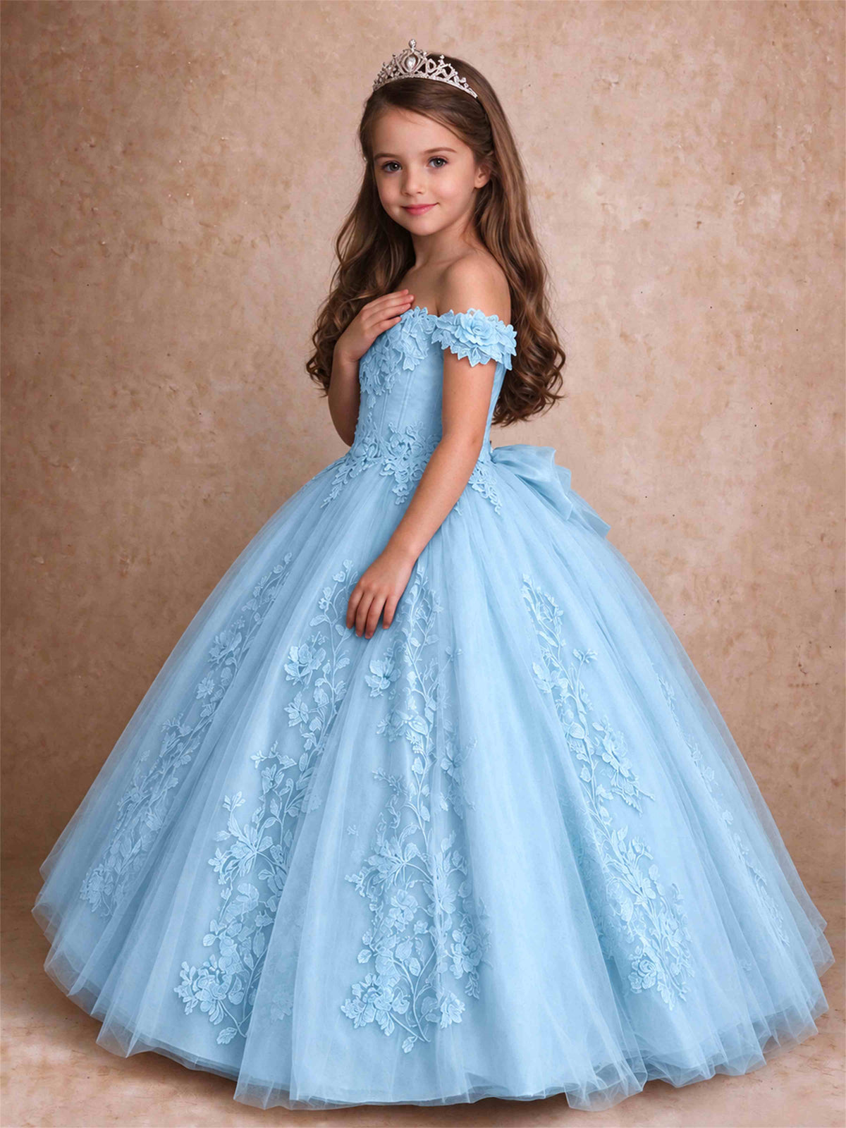 Off The Shoulder 3D Floral Lace Tulle Girls Pageant Dresses Princess Ball Gown