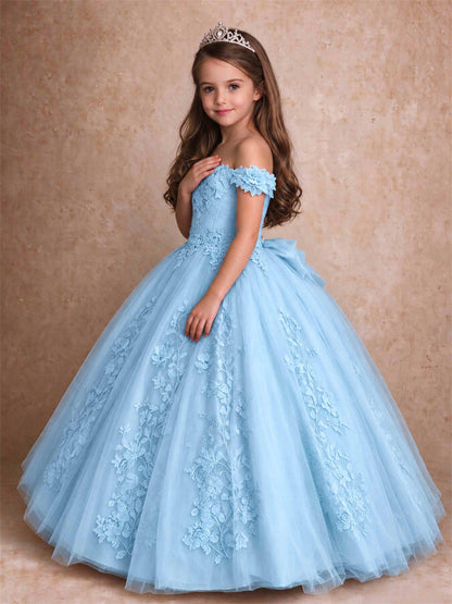 Off The Shoulder 3D Floral Lace Tulle Girls Pageant Dresses Princess Ball Gown