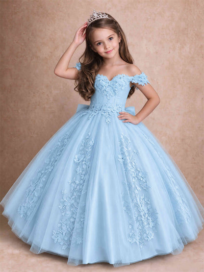 Off The Shoulder 3D Floral Lace Tulle Girls Pageant Dresses Princess Ball Gown