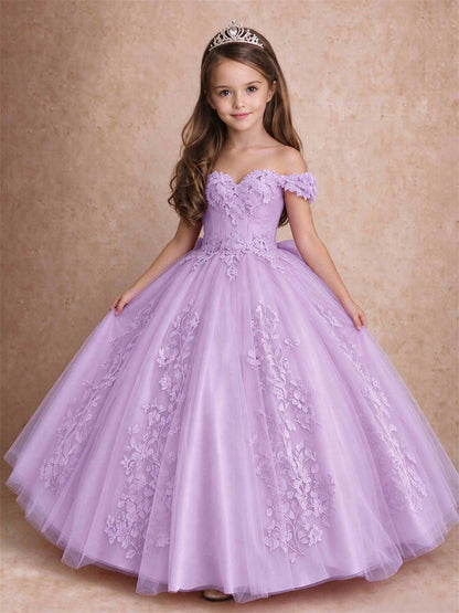 Off The Shoulder 3D Floral Lace Tulle Girls Pageant Dresses Princess Ball Gown