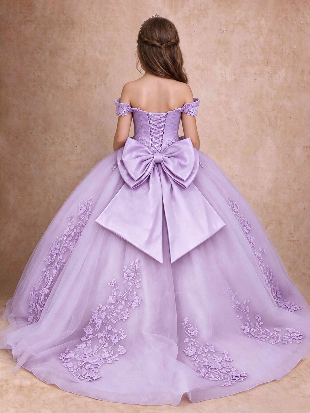 Off The Shoulder 3D Floral Lace Tulle Girls Pageant Dresses Princess Ball Gown