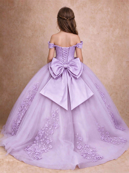 Off The Shoulder 3D Floral Lace Tulle Girls Pageant Dresses Princess Ball Gown
