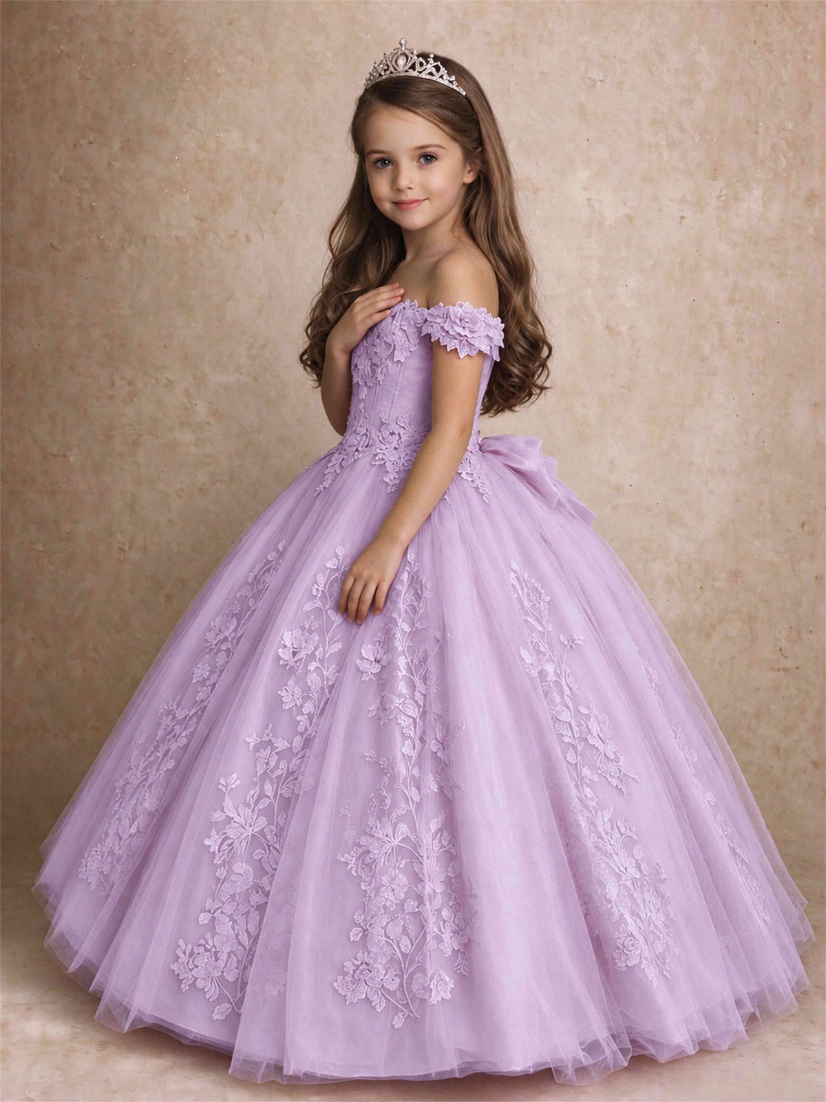 Off The Shoulder 3D Floral Lace Tulle Girls Pageant Dresses Princess Ball Gown