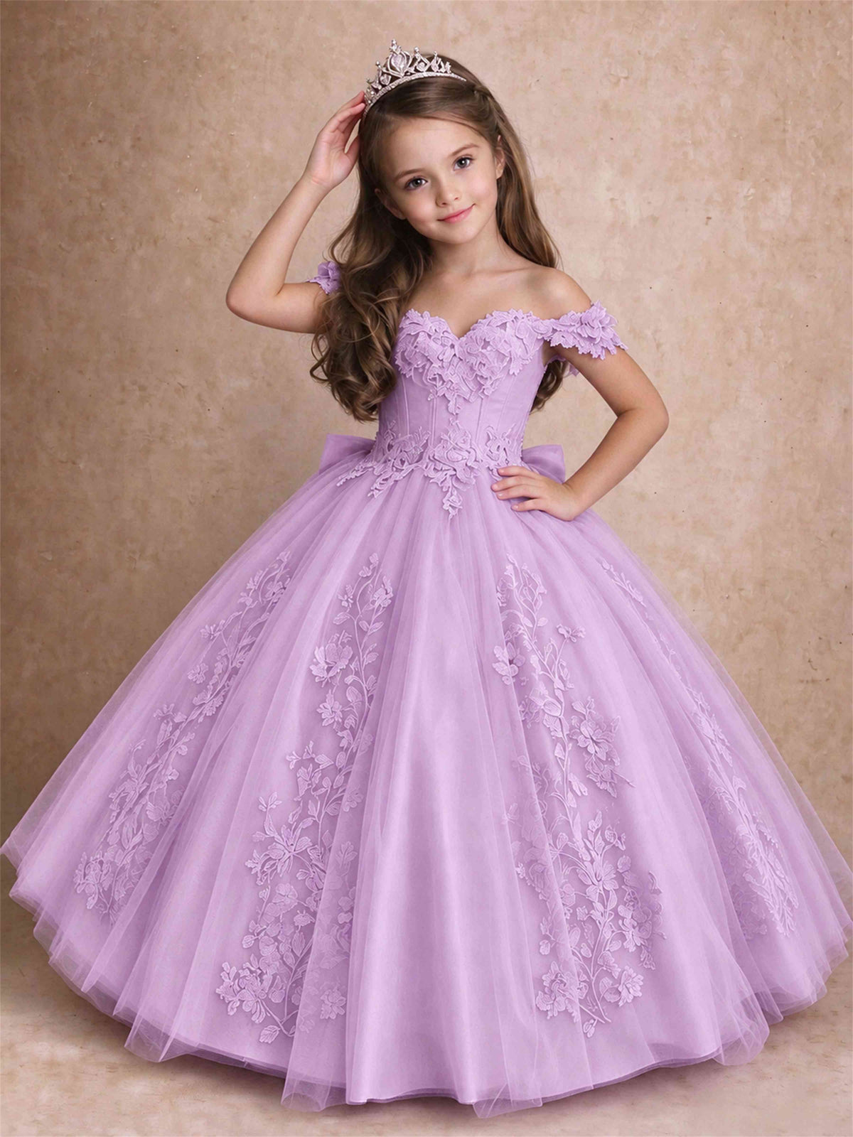 Off The Shoulder 3D Floral Lace Tulle Girls Pageant Dresses Princess Ball Gown