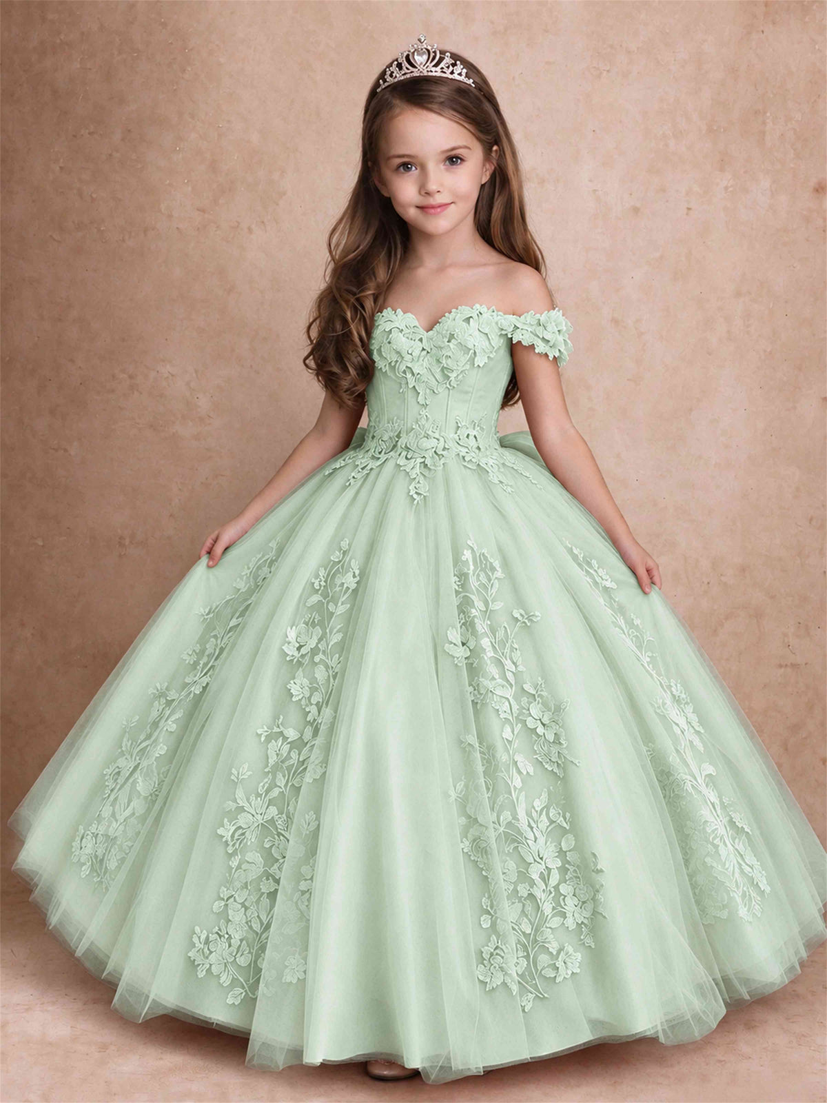 Off The Shoulder 3D Floral Lace Tulle Girls Pageant Dresses Princess Ball Gown