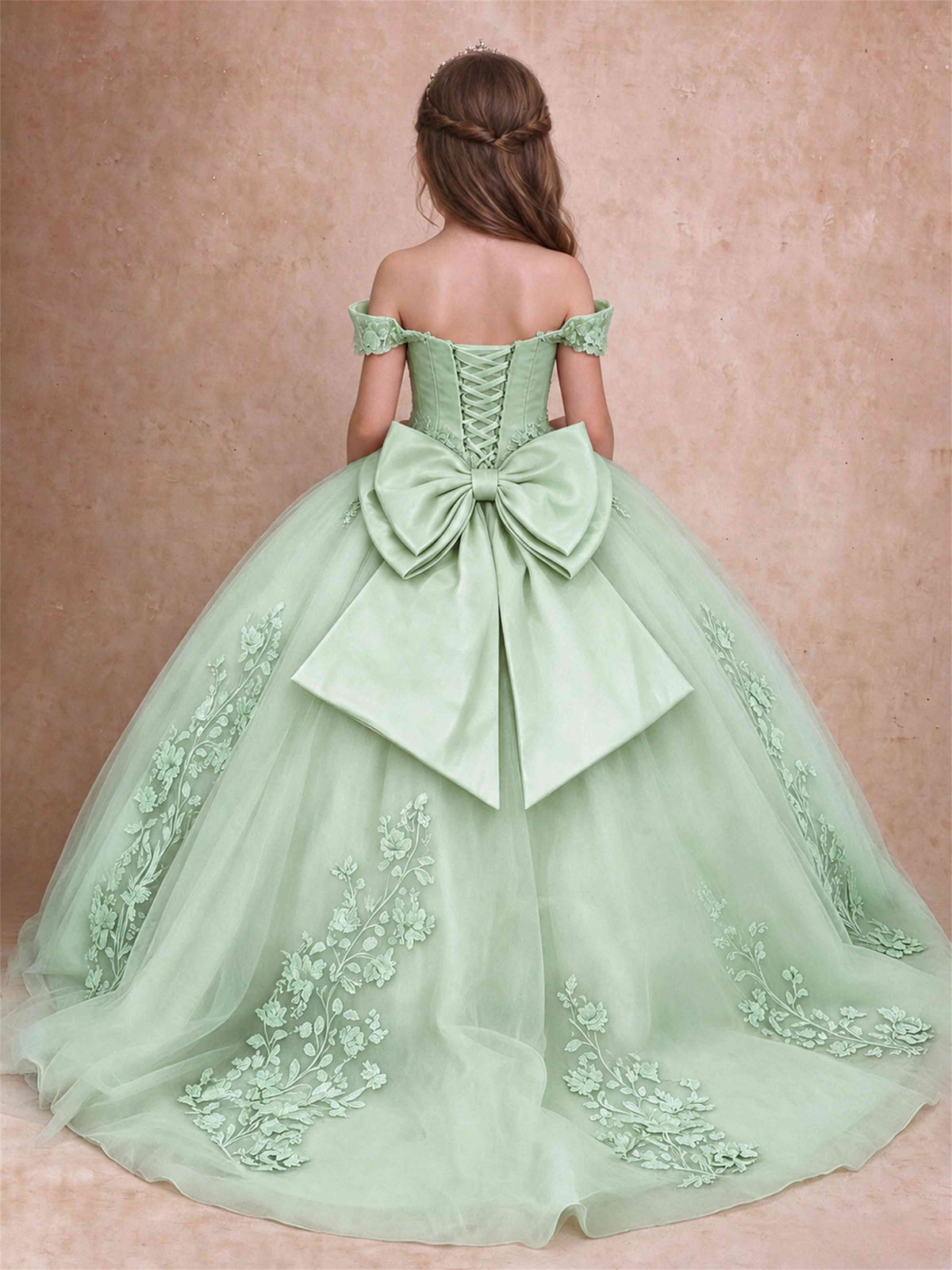 Off The Shoulder 3D Floral Lace Tulle Girls Pageant Dresses Princess Ball Gown