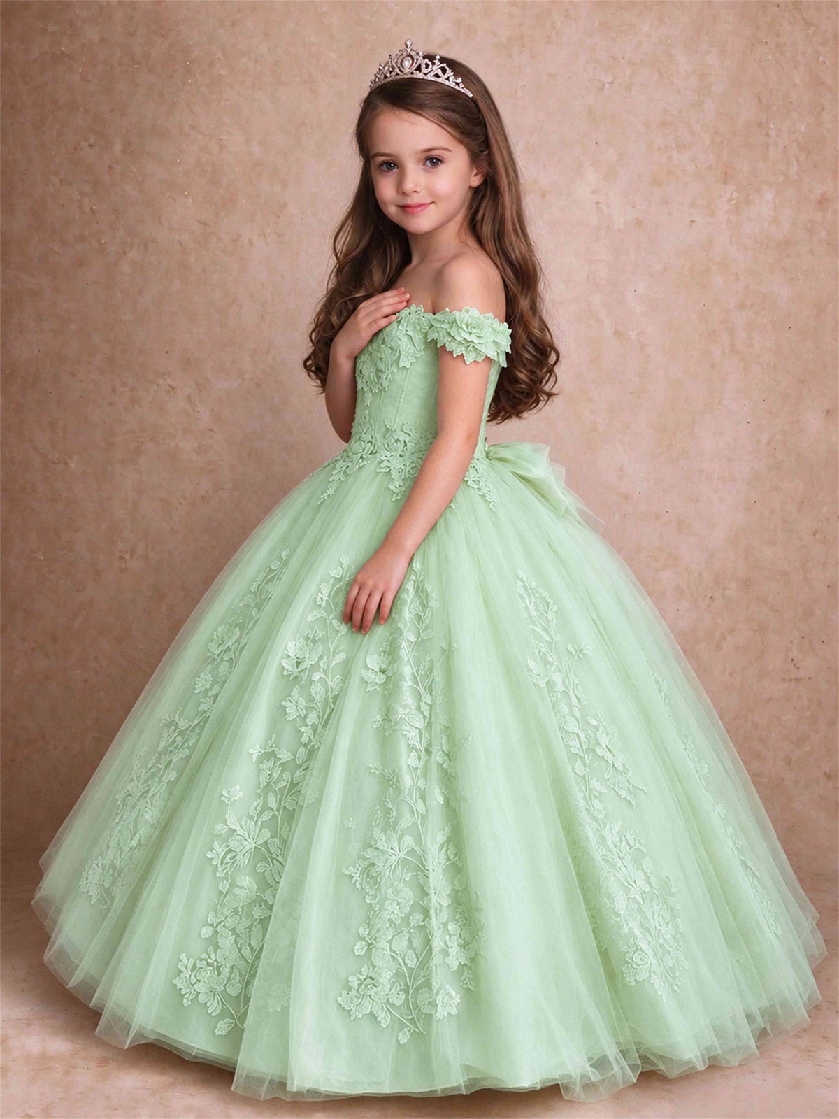 Off The Shoulder 3D Floral Lace Tulle Girls Pageant Dresses Princess Ball Gown