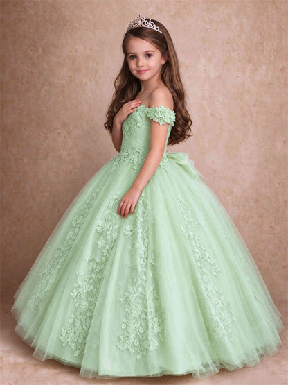 Off The Shoulder 3D Floral Lace Tulle Girls Pageant Dresses Princess Ball Gown