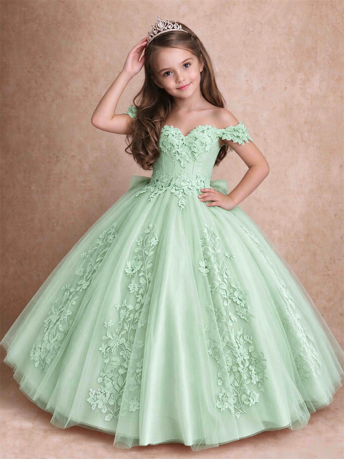 Off The Shoulder 3D Floral Lace Tulle Girls Pageant Dresses Princess Ball Gown