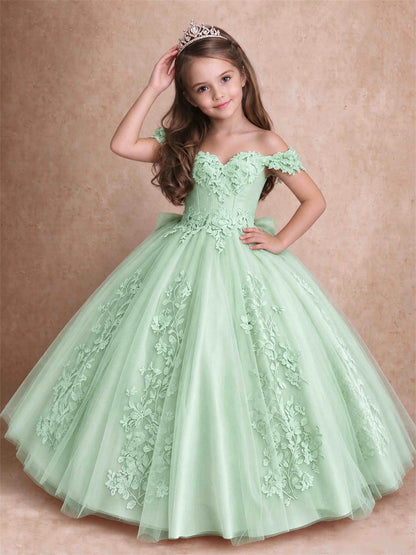 Off The Shoulder 3D Floral Lace Tulle Girls Pageant Dresses Princess Ball Gown