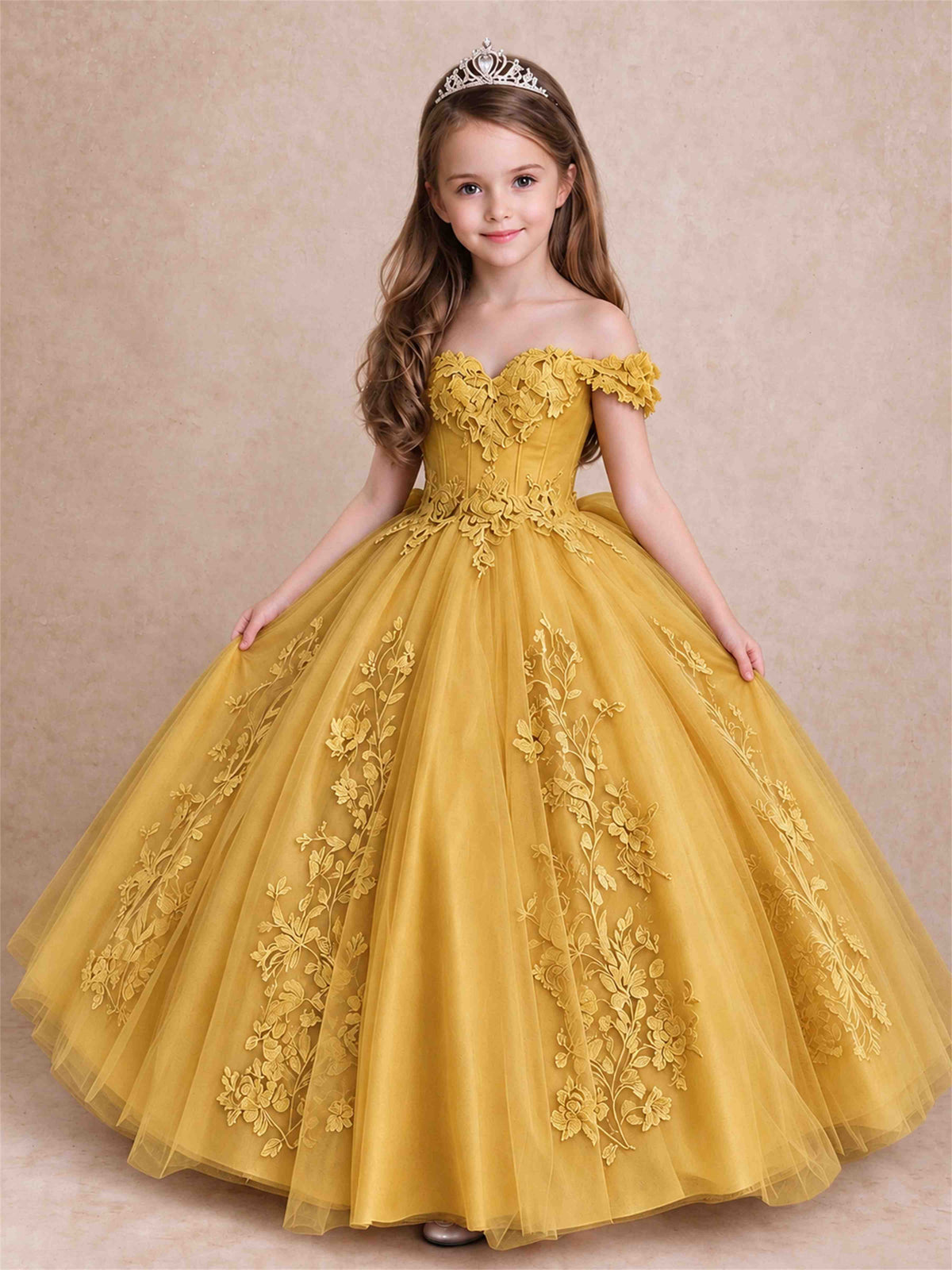 Off The Shoulder 3D Floral Lace Tulle Girls Pageant Dresses Princess Ball Gown