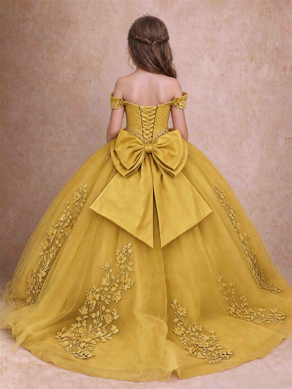 Off The Shoulder 3D Floral Lace Tulle Girls Pageant Dresses Princess Ball Gown