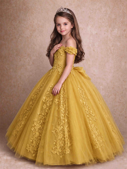 Off The Shoulder 3D Floral Lace Tulle Girls Pageant Dresses Princess Ball Gown