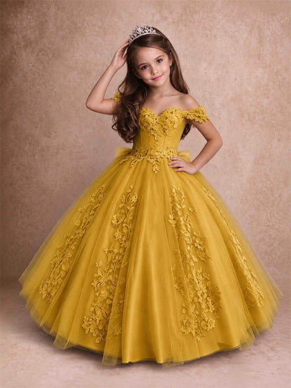 Off The Shoulder 3D Floral Lace Tulle Girls Pageant Dresses Princess Ball Gown