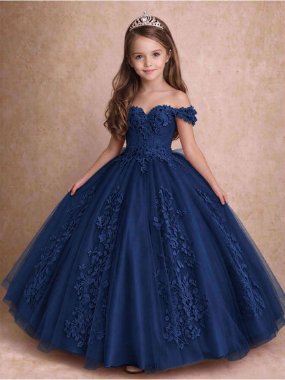 Off The Shoulder 3D Floral Lace Tulle Girls Pageant Dresses Princess Ball Gown