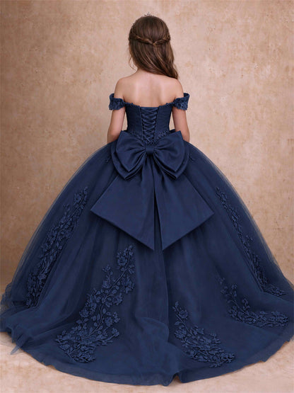 Off The Shoulder 3D Floral Lace Tulle Girls Pageant Dresses Princess Ball Gown