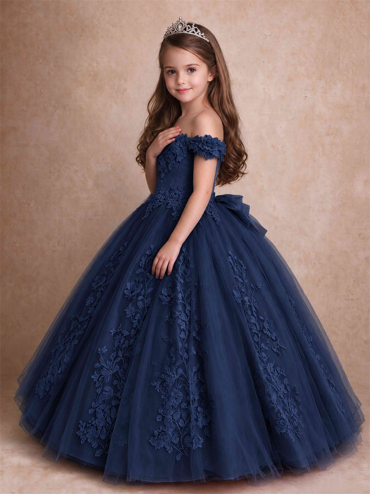 Off The Shoulder 3D Floral Lace Tulle Girls Pageant Dresses Princess Ball Gown