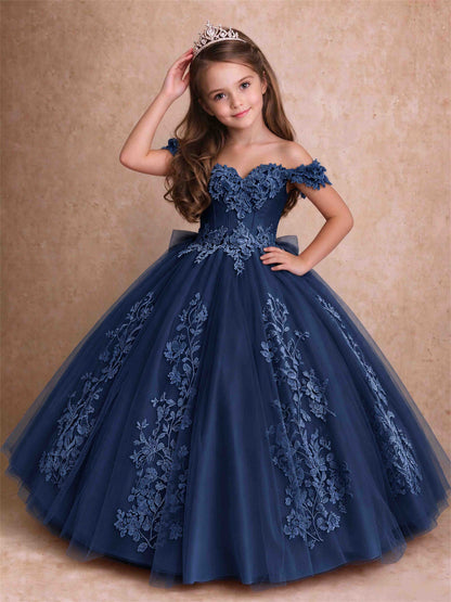 Off The Shoulder 3D Floral Lace Tulle Girls Pageant Dresses Princess Ball Gown