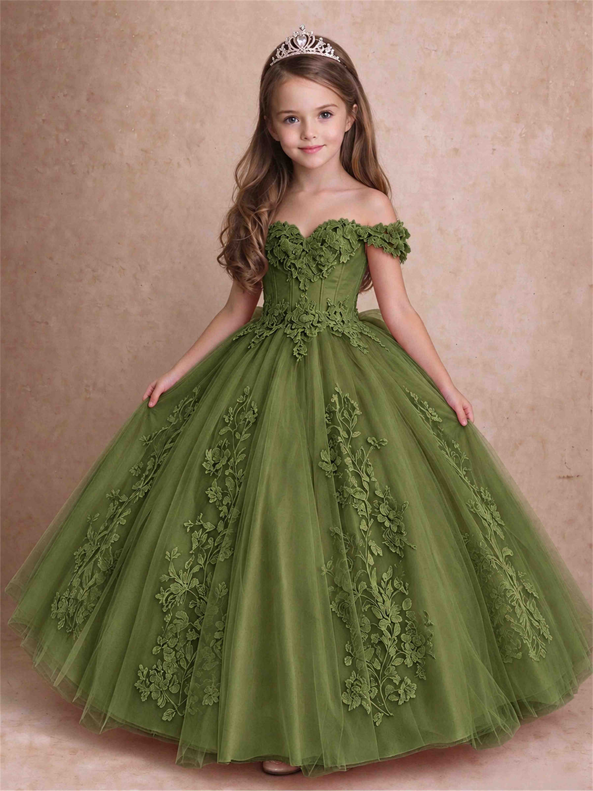 Off The Shoulder 3D Floral Lace Tulle Girls Pageant Dresses Princess Ball Gown