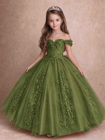 Off The Shoulder 3D Floral Lace Tulle Girls Pageant Dresses Princess Ball Gown
