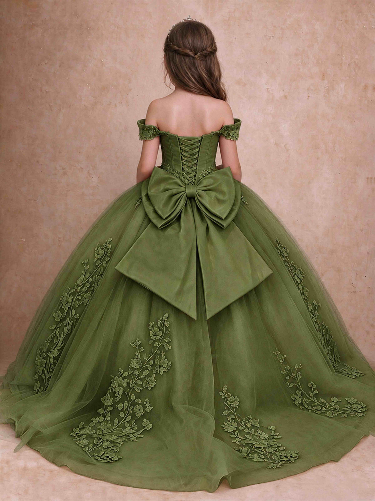 Off The Shoulder 3D Floral Lace Tulle Girls Pageant Dresses Princess Ball Gown