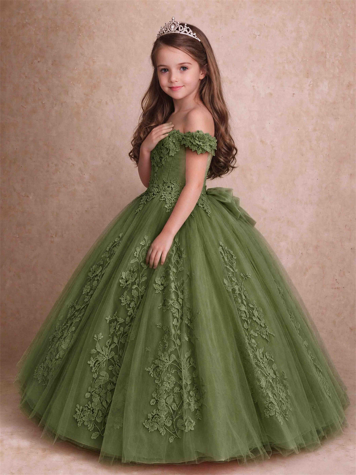 Off The Shoulder 3D Floral Lace Tulle Girls Pageant Dresses Princess Ball Gown