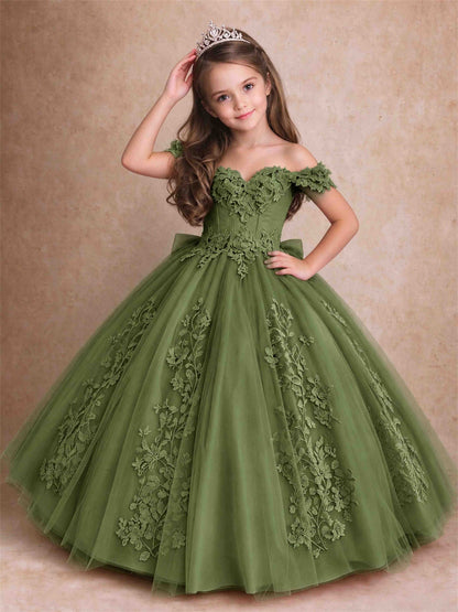 Off The Shoulder 3D Floral Lace Tulle Girls Pageant Dresses Princess Ball Gown