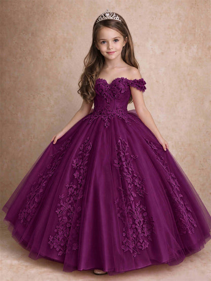 Off The Shoulder 3D Floral Lace Tulle Girls Pageant Dresses Princess Ball Gown
