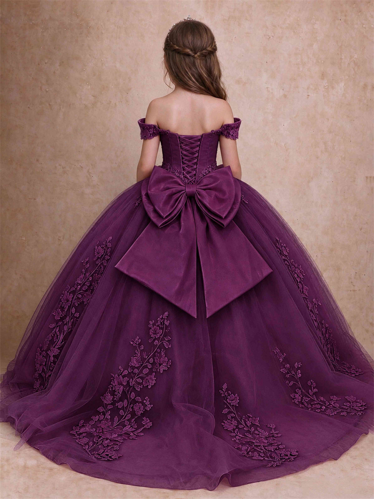 Off The Shoulder 3D Floral Lace Tulle Girls Pageant Dresses Princess Ball Gown