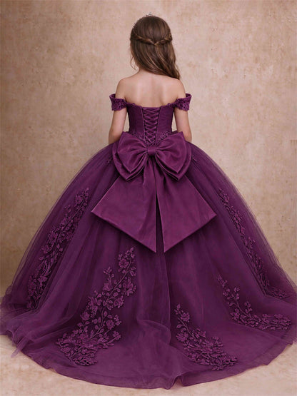 Off The Shoulder 3D Floral Lace Tulle Girls Pageant Dresses Princess Ball Gown