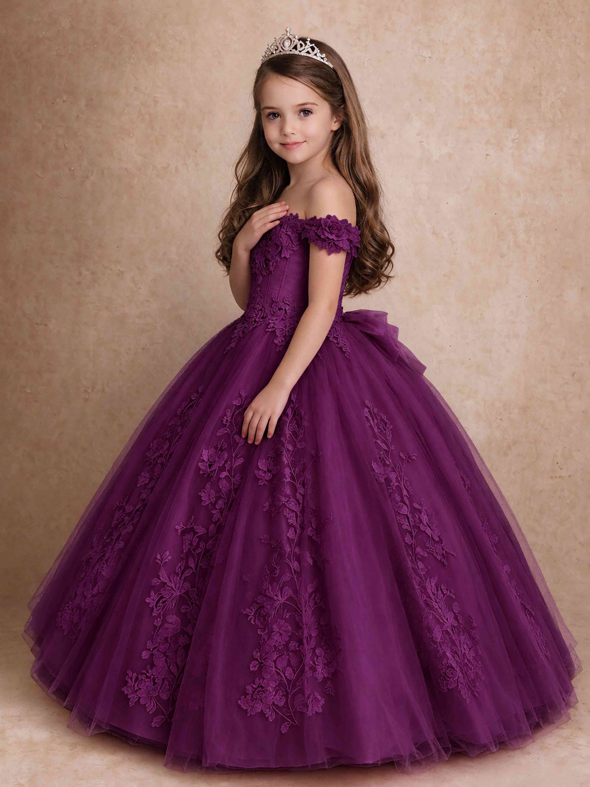 Off The Shoulder 3D Floral Lace Tulle Girls Pageant Dresses Princess Ball Gown