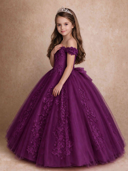 Off The Shoulder 3D Floral Lace Tulle Girls Pageant Dresses Princess Ball Gown