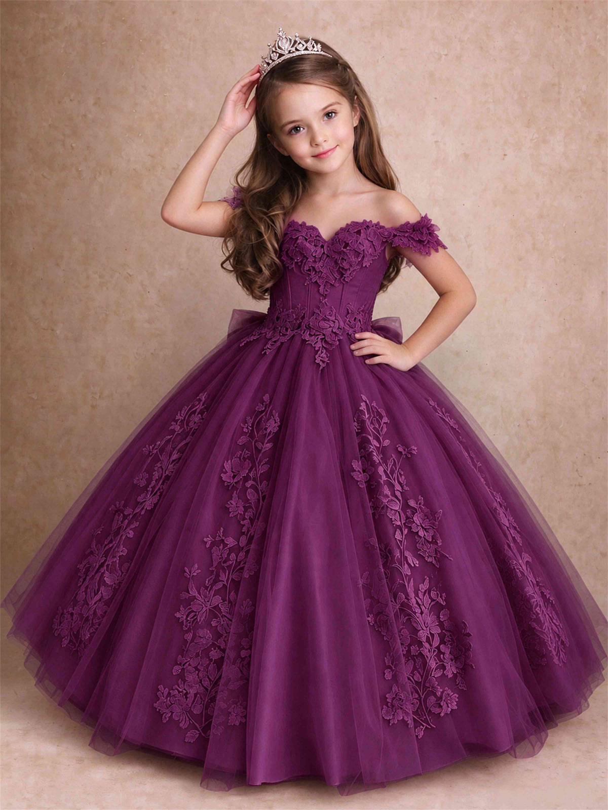 Off The Shoulder 3D Floral Lace Tulle Girls Pageant Dresses Princess Ball Gown