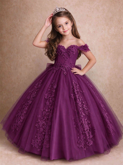 Off The Shoulder 3D Floral Lace Tulle Girls Pageant Dresses Princess Ball Gown
