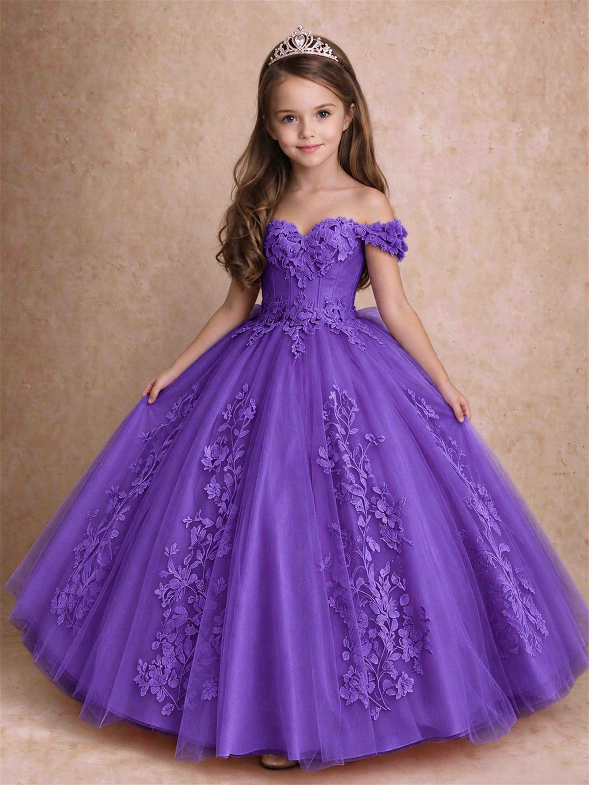 Off The Shoulder 3D Floral Lace Tulle Girls Pageant Dresses Princess Ball Gown