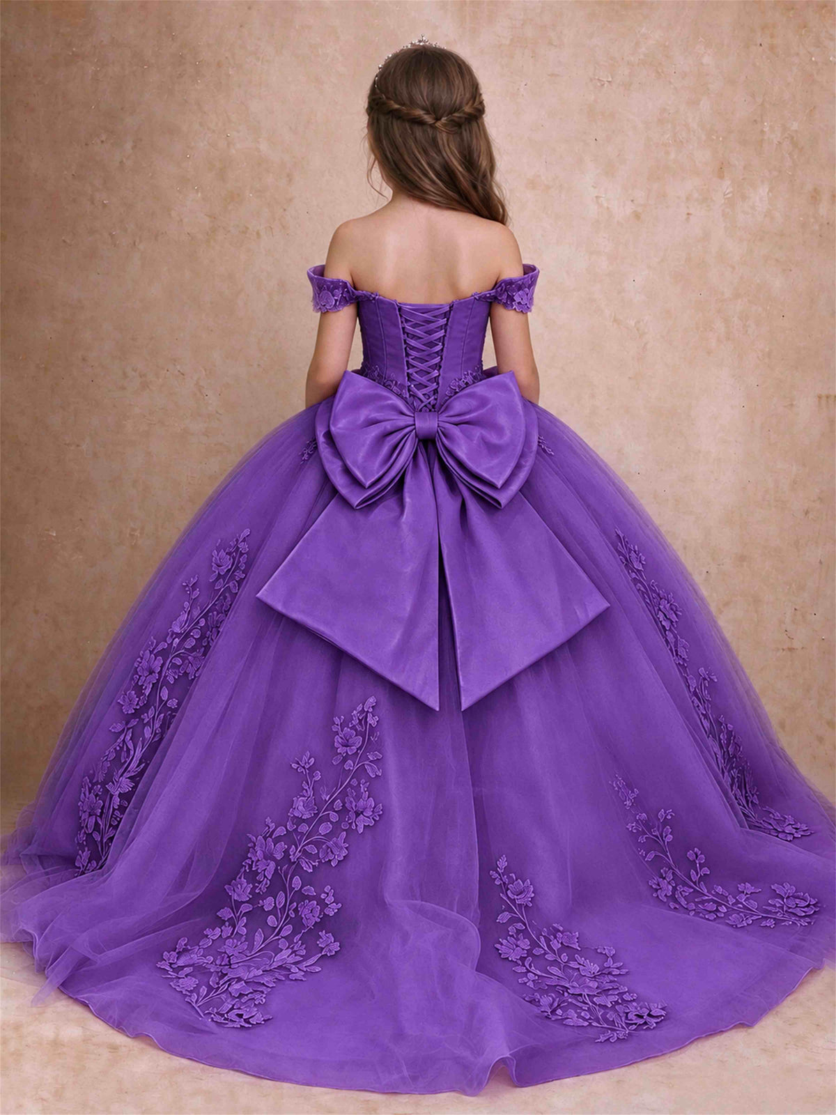 Off The Shoulder 3D Floral Lace Tulle Girls Pageant Dresses Princess Ball Gown