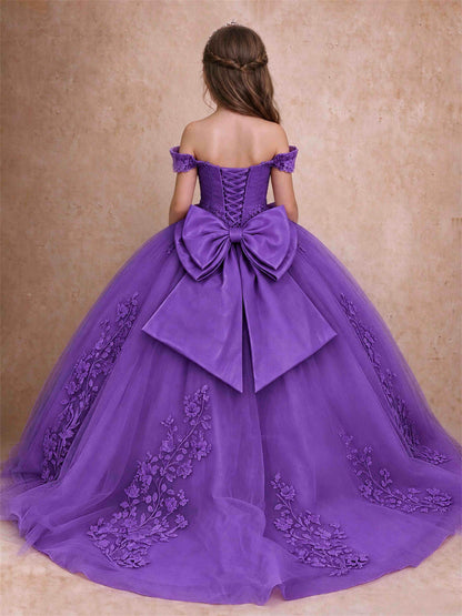 Off The Shoulder 3D Floral Lace Tulle Girls Pageant Dresses Princess Ball Gown