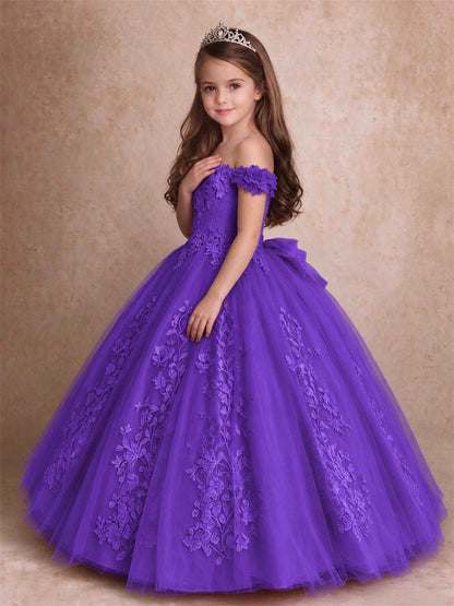 Off The Shoulder 3D Floral Lace Tulle Girls Pageant Dresses Princess Ball Gown