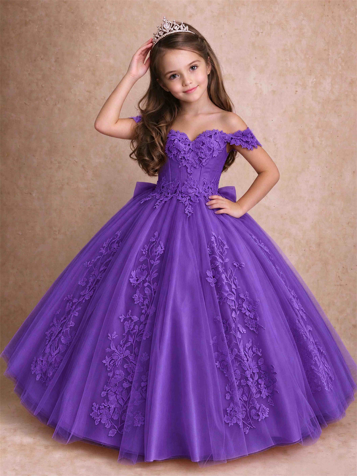 Off The Shoulder 3D Floral Lace Tulle Girls Pageant Dresses Princess Ball Gown