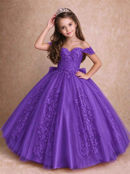 Off The Shoulder 3D Floral Lace Tulle Girls Pageant Dresses Princess Ball Gown