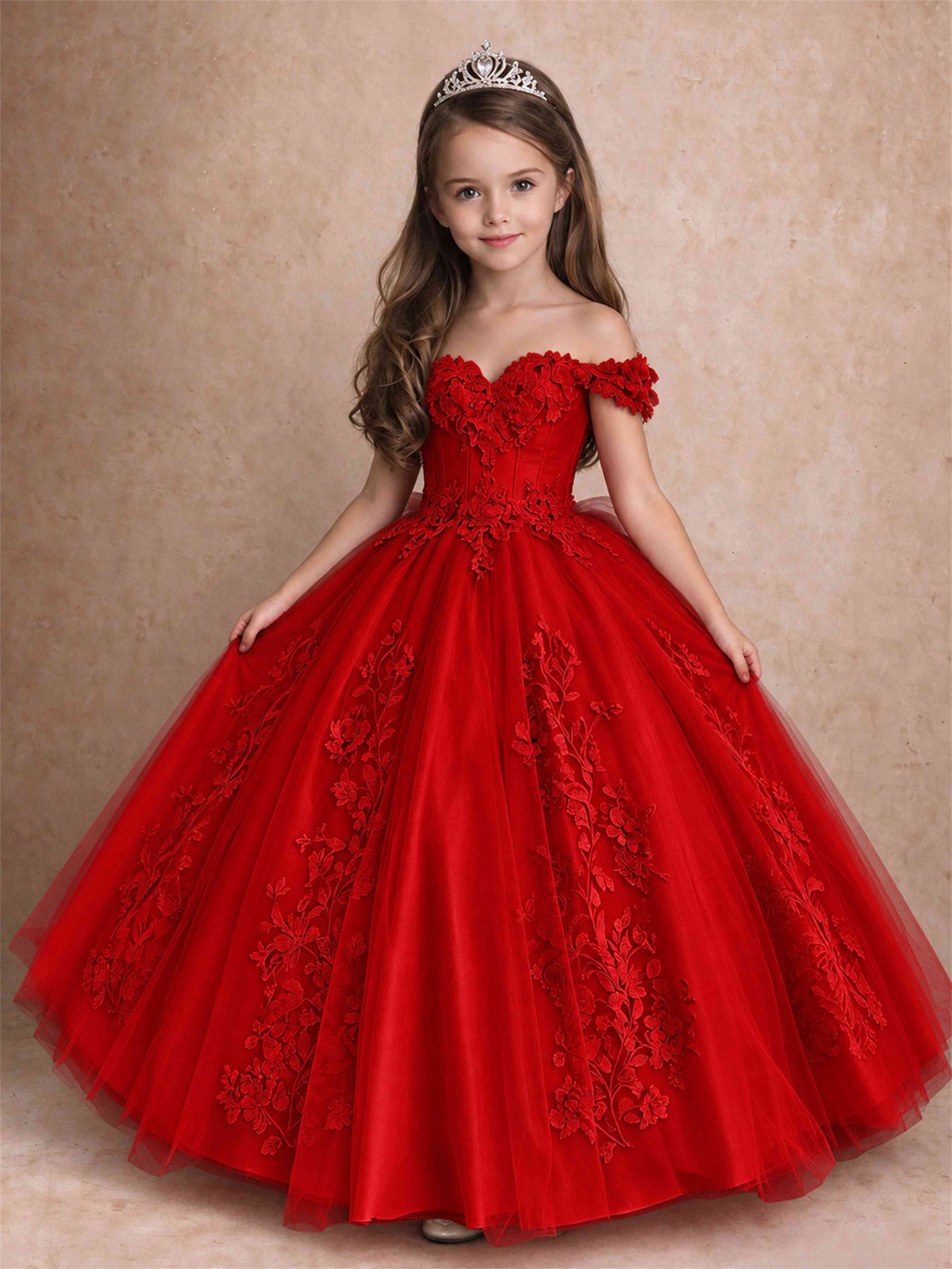 Off The Shoulder 3D Floral Lace Tulle Girls Pageant Dresses Princess Ball Gown