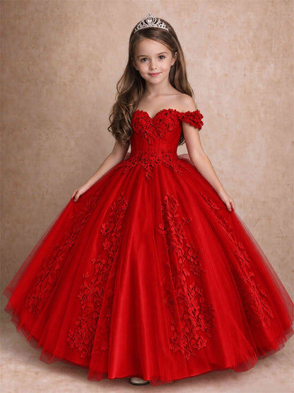Off The Shoulder 3D Floral Lace Tulle Girls Pageant Dresses Princess Ball Gown