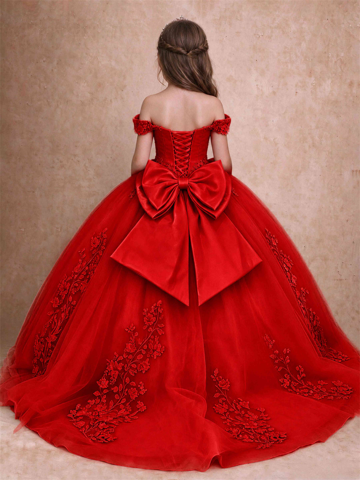 Off The Shoulder 3D Floral Lace Tulle Girls Pageant Dresses Princess Ball Gown