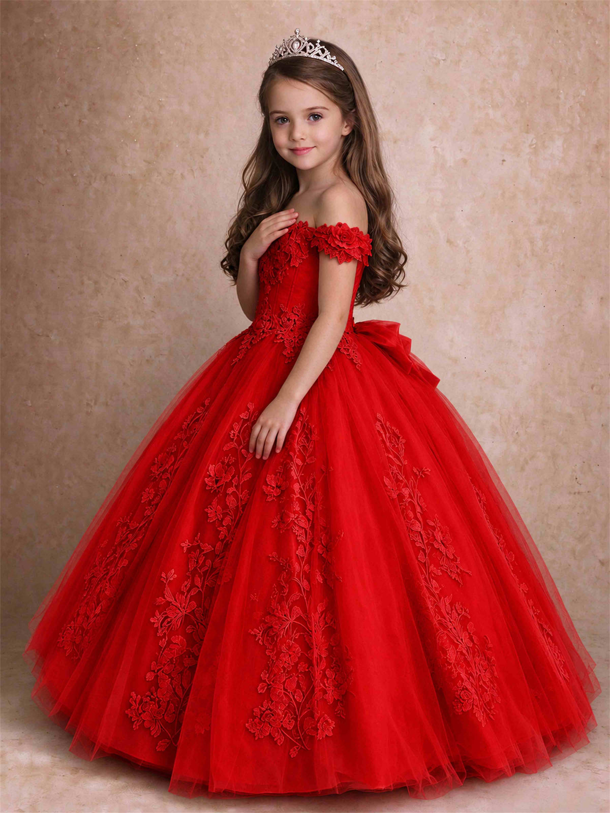 Off The Shoulder 3D Floral Lace Tulle Girls Pageant Dresses Princess Ball Gown