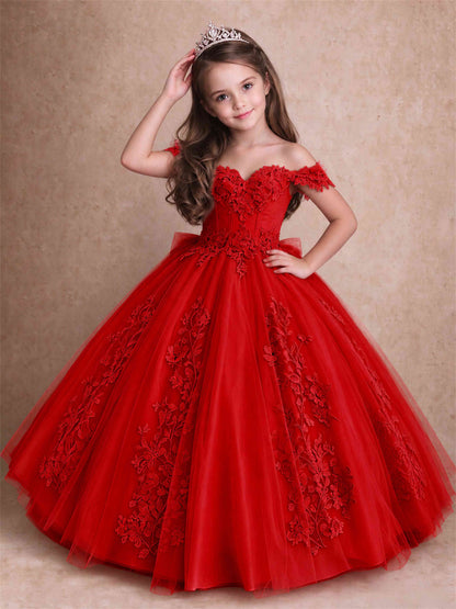Off The Shoulder 3D Floral Lace Tulle Girls Pageant Dresses Princess Ball Gown