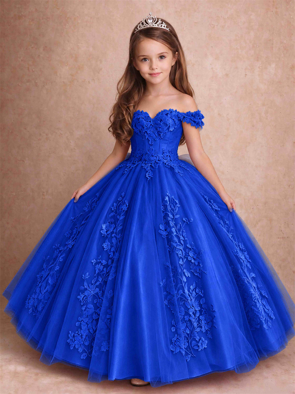 Off The Shoulder 3D Floral Lace Tulle Girls Pageant Dresses Princess Ball Gown